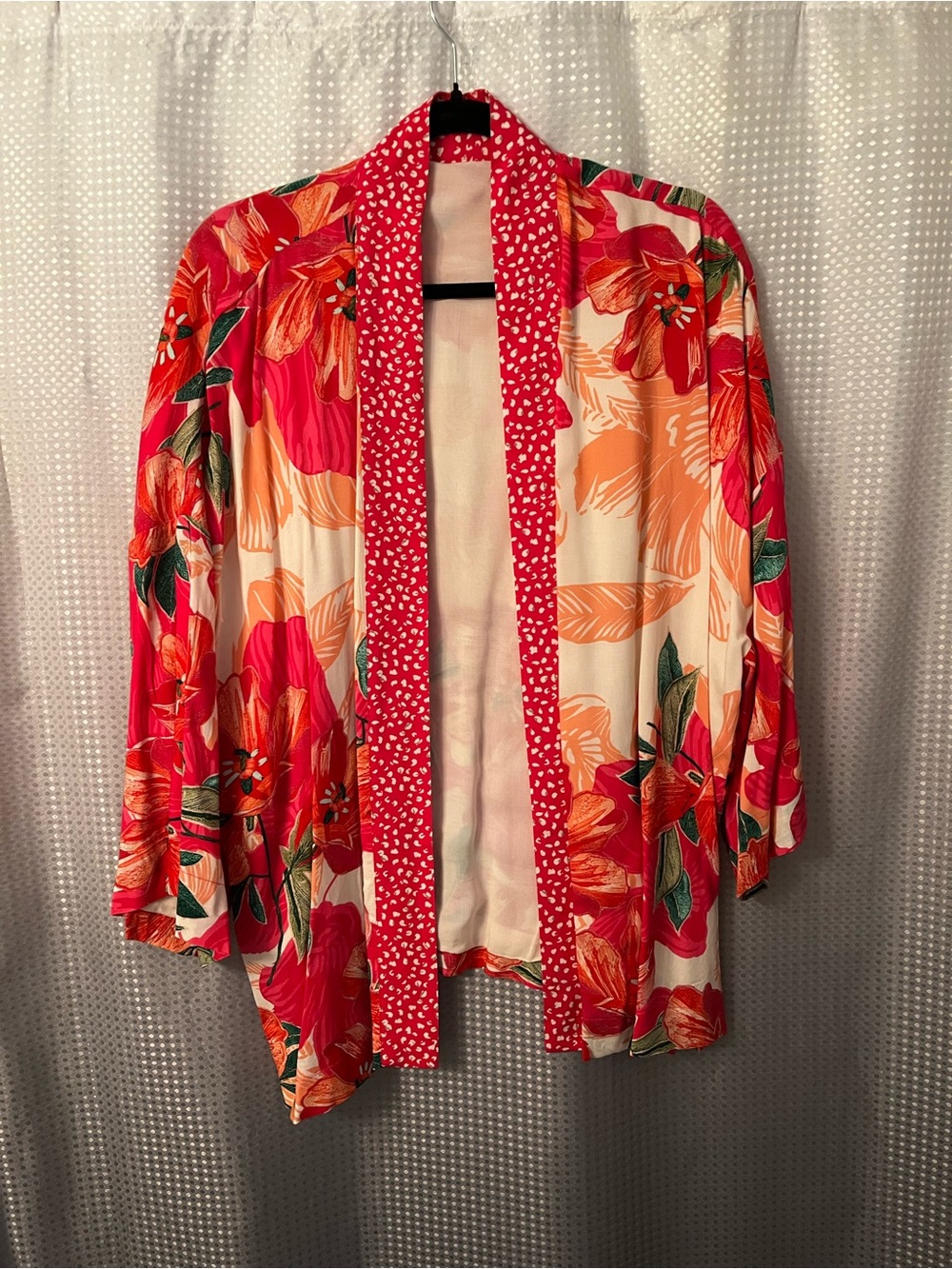 Chico's Bright Floral Open Kimono in Red & Cream